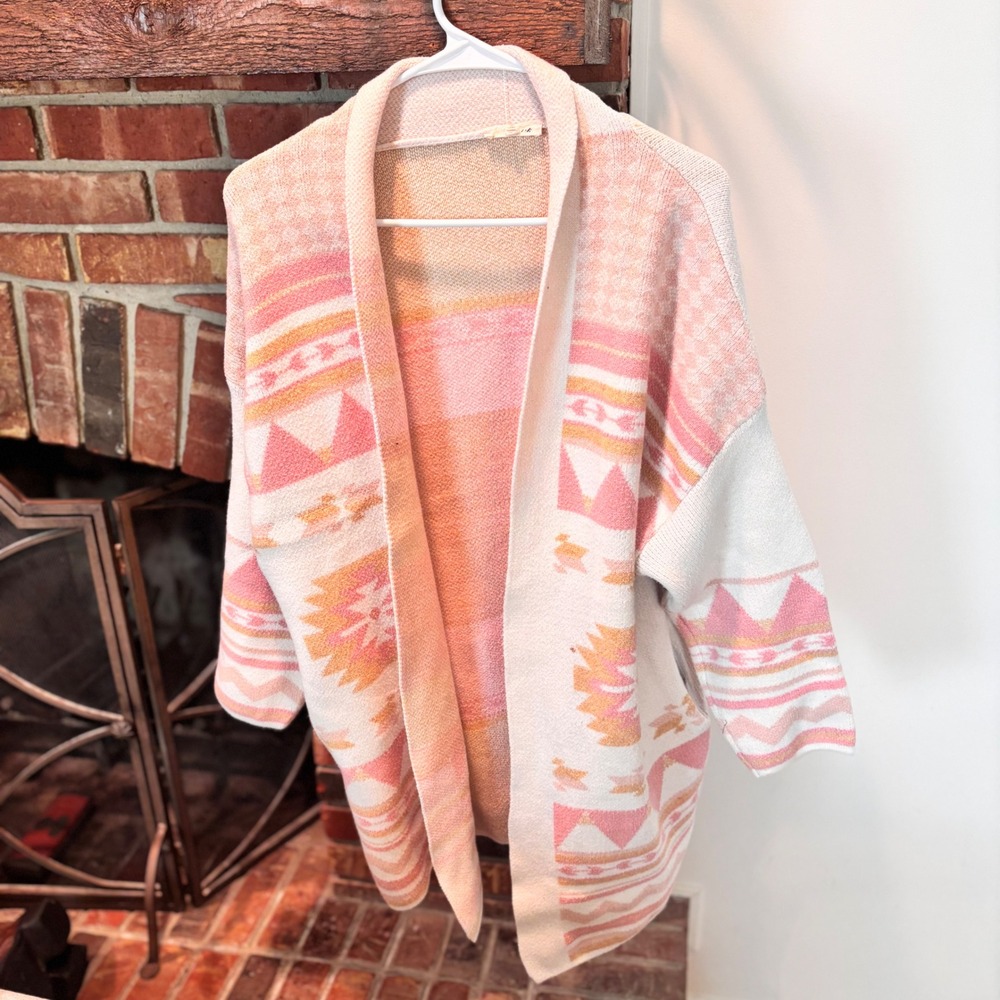 Lime Chili Southwestern Aztec Print Open Front Cardigan‎ Sweater Women M L Pink